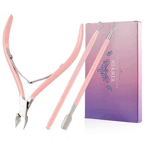 YINYIN Professional Stainless Steel Cuticle Trimmer with Pusher and Cutter - Durable Pedicure Manicure Tools for Fingernails and Toenails (Pink) - Image 1