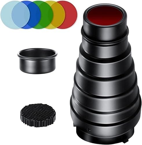 Snoot Photography Bowens Mount Aluminium Alloy Conical Studio Kit for Strobe Moonlights Flash Speedlight With 5 Color Gel Filters and Honeycomb Grid - Image 1