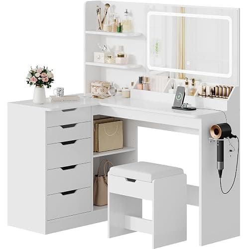 TRIUMPHKEY Dressing Table with Stool,Vanity Desk with 5 Drawers,Power Outlet,Corner Makeup Table with 3 Colors LED Mirror,Open Shelves,Bedroom Furniture for Women Girls - Image 1