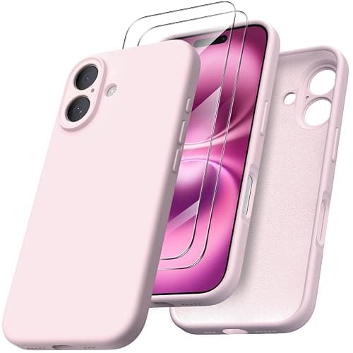 ORNARTO Compatible with iPhone 16 Case with 2 x Screen Protector,Shockproof Liquid Silicone Gel Rubber Cover,Drop Protection Phone Case for iPhone 16 Case-Pink - Image 1