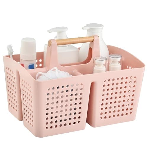 PAKCHOICE Portable Shower Caddy Basket with Compartments, Plastic Divided Cleaning Caddy Organizer Storage Tote with Handle for Bathroom, College, Dorm Room Essentials, Pink - Image 1