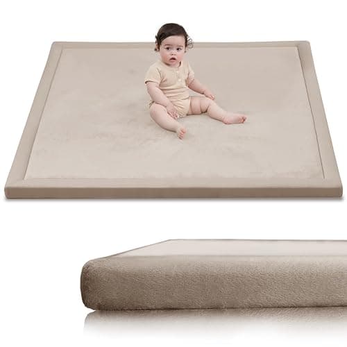 Huloo Sleep Baby Play Mat for Floor,1.3" Thick Elasti-Foam 50x50 Playpen Mat for Toddlers Infant Kids,Water-Repellent Soft Coral Velvet Tummy Time Mat,Non Slip Crawling Mat,Tatami Mat(Beige) - Image 1