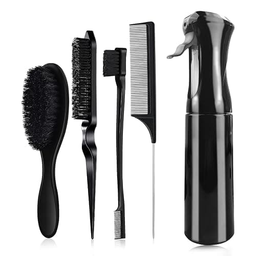 DUAIU Slick Back Hair Brush for Women Men, 5PCS Hair Brush Set with Mist Spray Bottle 10 OZ/300 ML, Small Boar Bristle Brush Rat Tail Comb, Edge Brush, Styling Brush Tools - Image 1