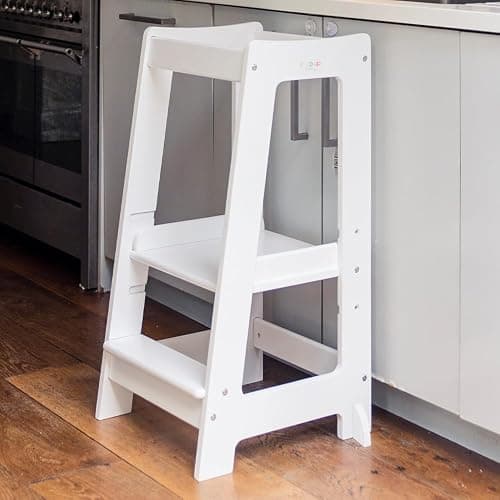 KRISTEN, JD + JACK: Stepup Baby Toddler Step Stool - Adjustable Height Kids Helper Step Stool, Durable, Non-Slip Platform for Bathroom Sink & Kitchen Counter, Toddler Tower for Exploration and Growth - White - Image 1