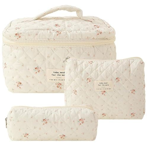 OEIPSMK Cotton Quilted Makeup Bag Set Cute Makeup Bag Large Travel Cosmetic Bag Floral Makeup Pouch Aesthetic Toiletry Bag, Style 4, One Size - Image 1