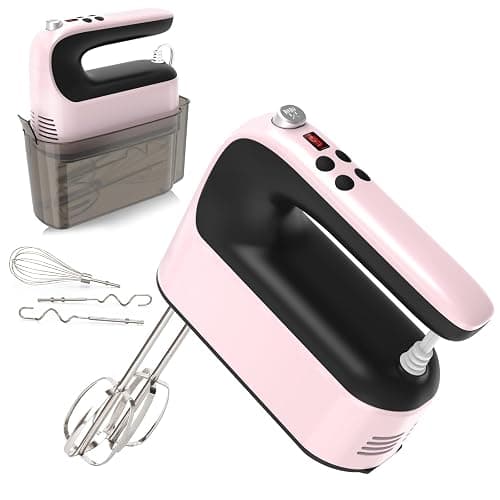 Yomelo 9-Speed Digital Hand Mixer Electric, 400W Powerful DC Motor, Hand Mixer Electric Handheld with Snap-On Storage Case, 5 Stainless Steel Accessories, Beaters, Dough Hooks, Whisk(Pink/Black) - Image 1