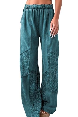 SELINK Women Casual Mineral Wash Leopard Pants Fashion Patchwork Elastic Waist Straight Wide Leg Loose Daily Trousers - Image 1
