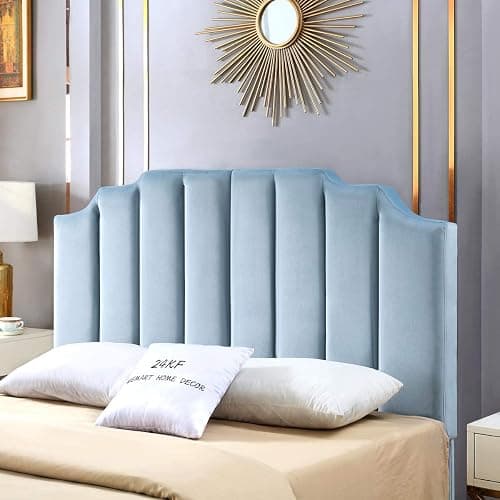 24KF Seaglass Velvet Tufted Queen Upholstered Headboard, Modern Vertical Channel Design California Queen/Full Headboard with Stepped Silhouette Top Edge, 6026-Q-New Seaglass - Image 1