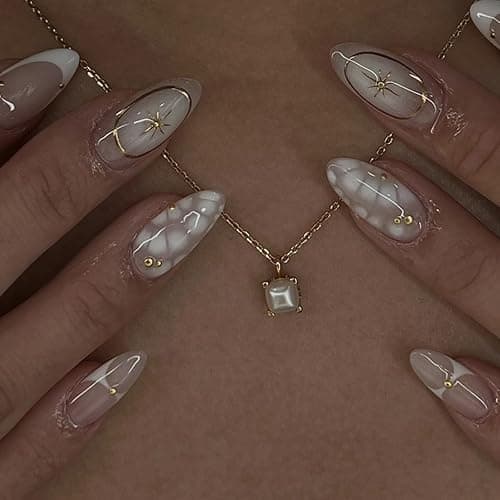 Mivota French Press On Nails Almond Medium, Fall Fake Nails Adorned with White Petal Accents and 3D Gold Lines Design, Glossy Gel Finish Acrylic Nails, Reusable Glue On Nails for Women, 24Pcs - Image 1
