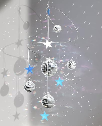 AceList Hanging Disco Ball Decor Suncatcher - Silver Mirror Ball Window Prism for Aesthetic Room Decor, 70s Retro Groovy Boho Party Supplies, Sparkling Spiral Mobile Ornament with Multi-Size Balls - Image 1