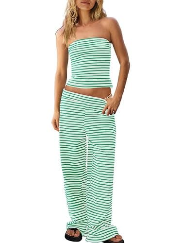 Fnortc Womens Striped Two Piece Outfit Strapless Tube Top Wide Leg Pants Matching Set Summer Beach Vacation Lounge Wear - Image 1