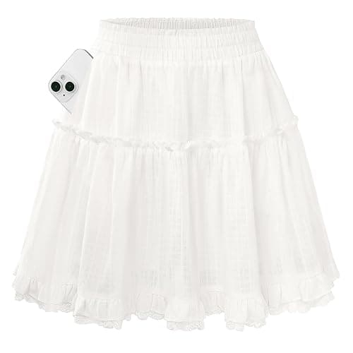 Kate Kasin Women Cotton Mini Skirts with Shorts Underneath, Ruffle Lace Skirt Flowy, Tiered Skorts with Pockets - Image 1