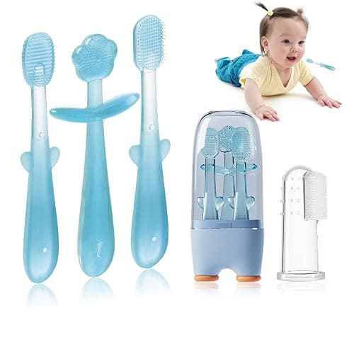FOKiiBO Baby Silicone Toothbrush Set, Toothbrush + Tongue Brush + Baby Teether + Finger Toothbrush with Cup for Training Teething, 0-18M Infant Toddler Newborn Baby Teeth Brushes (Blue) - Image 1