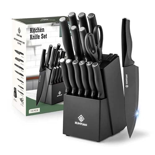 Knife Set, KUNYUAN 15 pieces Knife Sets for Kitchen,High Carbon German Stainless Steel Knife Block Set with Built in Sharpener Block,Dishwasher Safe Kitchen Knife Set, Black - Image 1