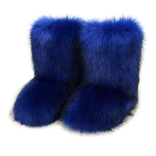QMFUR Women's Furry Faux Fur Boots Fuzzy Fluffy Mid Calf Snow Boots Suede Warm Fur Lined Booties Flat Fashion Boots - Image 1