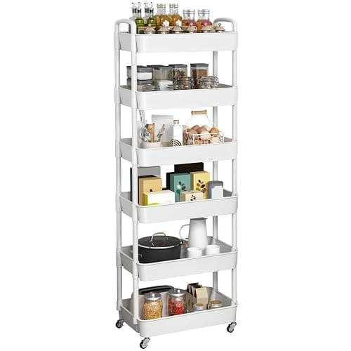 Sywhitta 6-Tier Plastic Rolling Utility Cart with Handle, Multi-Functional Storage Trolley for Office, Living Room, Kitchen, Movable Storage Organizer with Wheels, White - Image 1