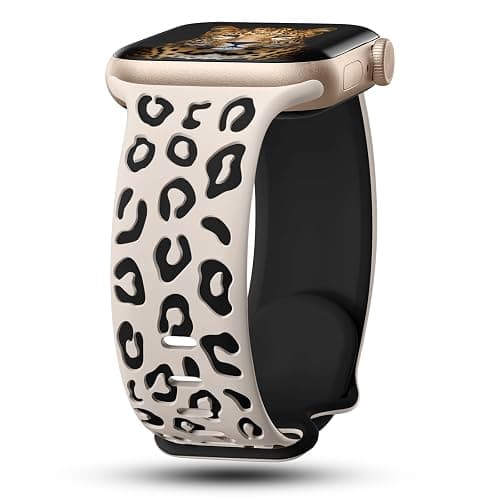 CreateGreat Engraved Leopard Bands Compatible with Apple Watch Band 40mm 41mm 38mm 42mm 44mm 45mm 46mm 49mm Women, Silicone Cheetah Designer Strap for iWatch Series 10 9 8 7 6 5 4 3 2 SE Ultra - Image 1