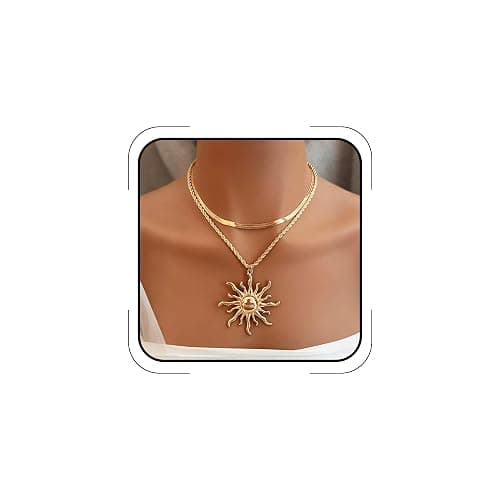 Yepelesi Sun Necklace for Women 14K Gold Silver Plated Layered Charm Necklace Double Chain Charm Pendant Necklaces Trendy Daily Wear Statement Jewelry Gift - Image 1
