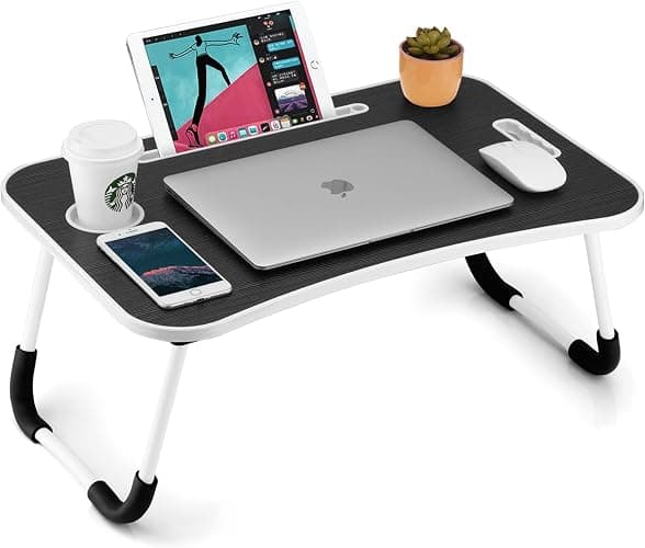FISYOD Foldable Laptop Table, Portable Lap Desk Bed Table Tray, Laptop Stand with Cup Holder & Tablet Slot & Lifting Handle for Working Writing Drawing & Eating (Black Grain) - Image 1