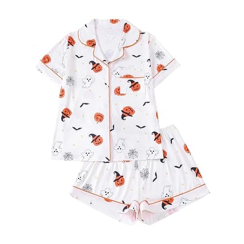 Halloween Pajama Sets for Women 2 Piece Ghost Pumpkin Print Shirts and Pajamas Shorts Button Down Short Sleeve Sleepwear - Image 1