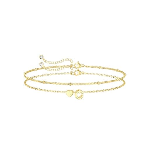 DEARMAY Dainty Initial Heart 14K Gold Plated Bracelets for Women Trendy, Letter Charm Bracelet Jewelry Cute Simple Fashion Chain Gift - Image 1