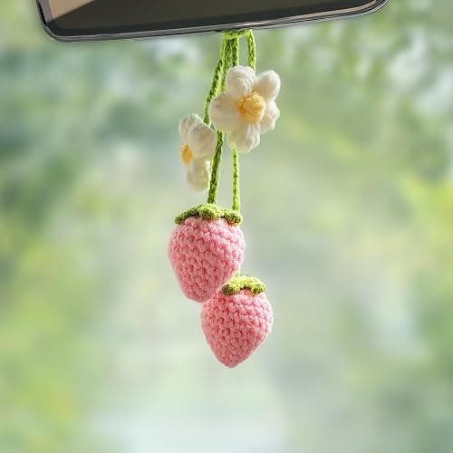 HFZRZFH Crochet Strawberry and Flower Car Hanging Ornaments, Cute Aesthetic Rearview Mirror Hanging Accessories for Women and Girls, Handmade Polyester Fiber Car Decor 2-Pack - Image 1