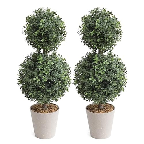 momoplant Artificial Topiary Double Ball Trees 24 Inch Fake Greenery Plants Ball Topiary Tree for Porch,Home,Garden Decor (Set of 2) - Image 1