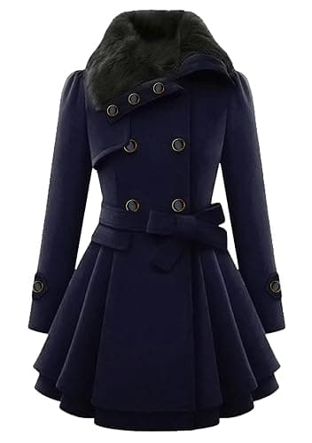 YMING Womens Lapel Faux Fur Collar Jacket Double Breasted Wool Blend Trench Coat Midi Swing Peacoats with Belt - Image 1