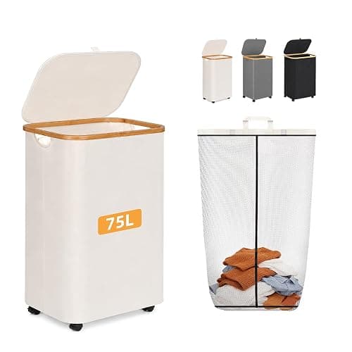 Slim Laundry Hamper with Wheels 75L with Removable Wash Bag White | Rolling Laundry Basket for Clothes,Large Laundry Basket with Lid for Bedroom, Bathroom, Dorm, Laundry Room - Image 1