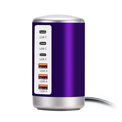 Wyness USB Charger, 60W USB Charging Station with 6-Port(3 USB-A Port & 3 USB-C Port) Compatible with iPhone 15/14/13/13pro Max 12/12 Mini/12Pro/12 Pro Max/11,Tablets, Smartphones Purple - Purple&White-USB-C&USB-A - Image 1