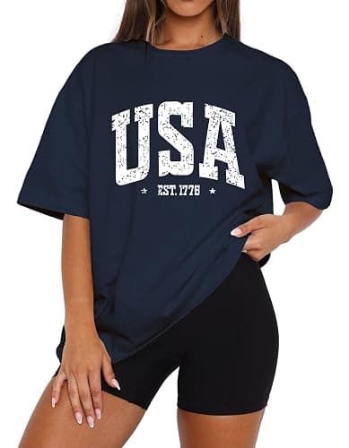 Dressmine Womens USA Oversized T-Shirts Summer Round Neck Short Sleeve Shirts Cute Print Graphic Tees - Image 1