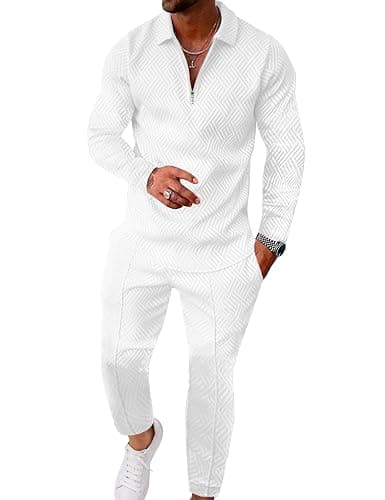 UOUA Mens 2 Piece Set Casual Outfits Polo Long Sleeve Shirt & Pants Track Suit Loungewear Athletic Sweatsuit - Image 1