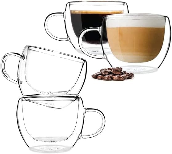 BOQO 8oz Cappuccino Glass Mugs, Glass Coffee Mugs, 4 Pack Clear Coffee Cups with Handles,Double Wall Insulated Drinking Glasses Coffee Mug,Latte Espresso Cups Glassware - 4x8oz - Image 1