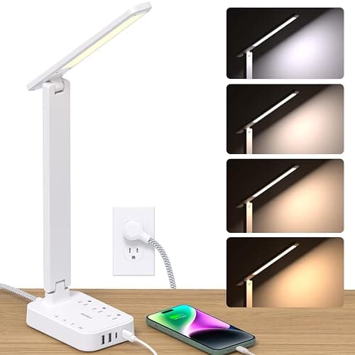 Addtam LED Desk Lamp, Power Strip with 3 Outlets 4 USB Charging Ports(2 USBC), 4 Modes 5 Level Brightness Touch Lamp, Small Desk Lamp for Home Office College Dorm Room Essentials, White - White - 5 FT - Image 1