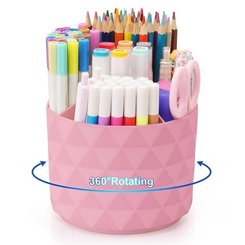 Nuozme Desk Organizer, 360-Degree Rotating Pencil Pen Holders For Desk, Diamond Pattern Pen Organizer With 5 Compartments, Cute Desk Accessories Decor For Office, School,Home,Art Supply (Pink) - Image 1
