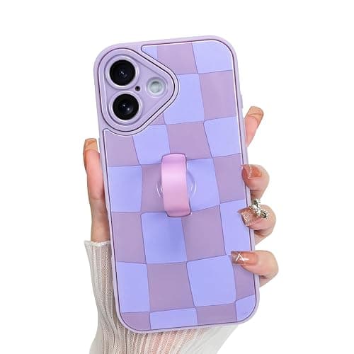 KANGHAR Compatible with iPhone 16 Case Checkered -Purple | Silicone Cute Pattern, Wristband Kickstand Camera Protection Soft Slim Cover for Girls Women - Image 1