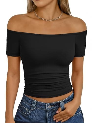 Trendy Queen Summer Off The Shoulder Tops for Women Going Out Short Sleeve Shirts Cute Y2K Sexy Basic Clothes 2026 Fashion - Image 1