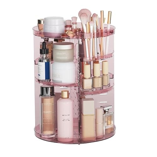 Rotating Makeup Organizer, DIY 8 Adjustable Layers 360 Spinning Skincare Organizers, Makeup Storage Carousel Tower with Brush Holder & Perfume Trays, Cosmetic Display Case for Vanity Bathroom - Clear Pink - Image 1