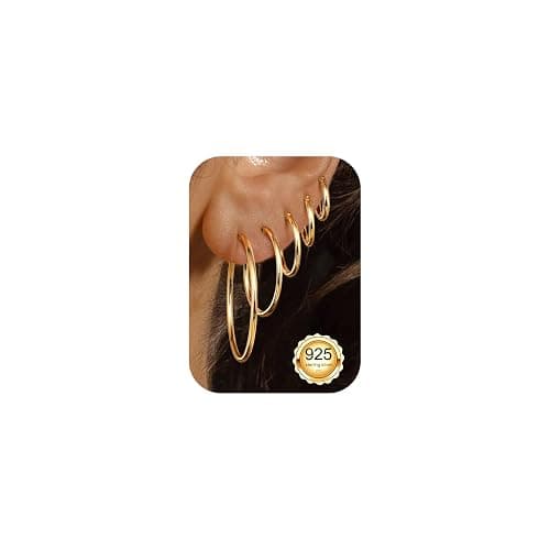 5 Pairs 925 Sterling Silver Post Hoop Earrings for Women, Hoop Earring Set | Small Medium Large Hoop Earrings,12-60mm Sizes,14K Gold Plated & Silver Hoops,Lightweight Stackable Earrings, Hypoallergenic - Image 1