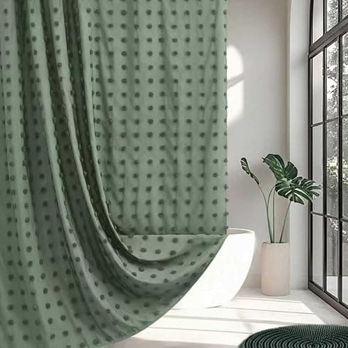 Siiluminisoy Extra Long Green Boho Shower Curtain Woven Fabric Cute Shower Curtain, 72 x 96 Tufted Pleat Floral Puffs Textured Modern Farmhouse Minimalist Shower Curtain Set with Hooks for Bathroom - Image 1