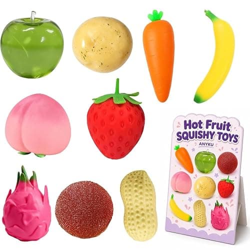 9 Pack Fruit Squishy Toys Slow Rising Fidget Toy Strawberry Carrot Apple Banana Peach Peanuts Dragon Fruit Potato Bayberry Jumbo Squishies Stress Ball Fruit Squeeze Toy Set for Gifts Party Favor - Image 1