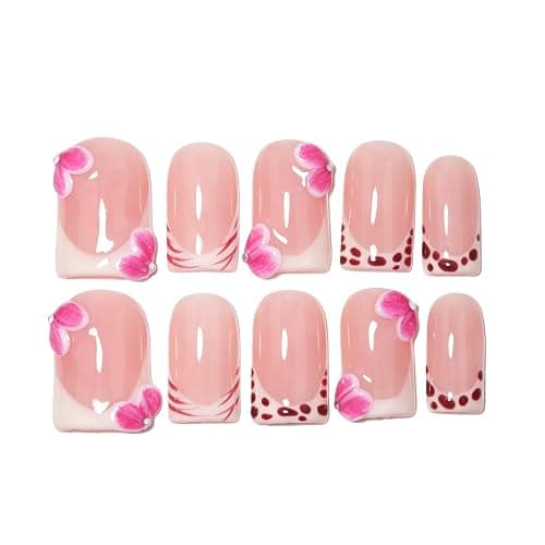 Handmade Short Square French Press On Nails,Reusable&Salon Quality(Y207, M) | 10Pcs Daily & Party Fake Nails | Easy Apply & Remove | Nude Pink Press Ons with 3D Pink Flowers, Line & Dot French Accents - Image 1