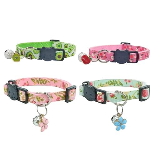 QFEHTHSK 4 Stück Katzenhalsband, Katzenhalsband Mit Glöckchen, Obstblumen-Druckhalsband, Süßes Katzenhalsband, Schnellverschluss-Katzenhalsband, Verstellbares Kätzchenhalsband - Image 1