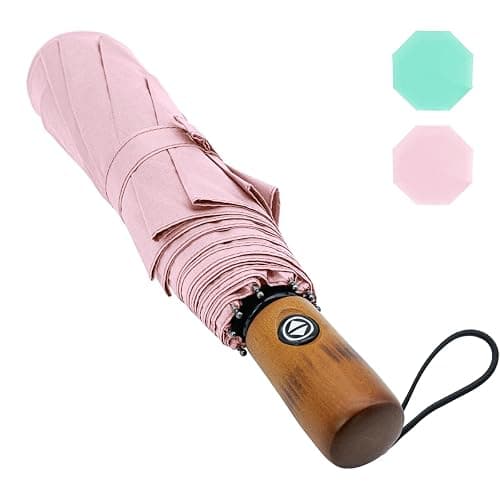 Pumi-geous Automatic Umbrella Windproof Lightweight Strong Compact UV Protection Rain Travel Umbrellas Collapsible Backpack Umbrella Suit For Adult - Wooden Handle - Light Pink - Image 1