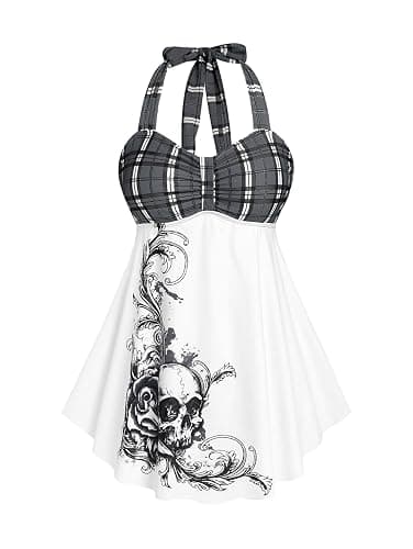 ROSE GAL Womens Plus Size Curve Halter Plaid Skull Print Backless Gothic Modest Tankini Swimsuit Set - Image 1