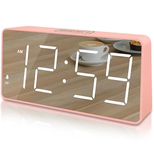 Peakeep Digital Clock, Alarm Clock Battery Backup Powered for Bedrooms - Mirror Face Large Numbers 6 Dimmers for Seniors, Super Loud for Heavy Sleepers (Pink) - Image 1