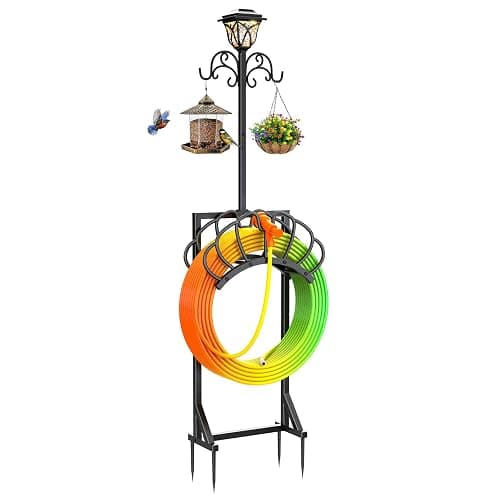 New Upgraded 3-in-1 Garden Hose Holder with Solar Light & Shepherds Hooks | Stores 160" Hose, Freestanding with Double Hooks for Hanging Decor - Perfect for Outdoor Yard, Lawn & Patio at Night - Image 1