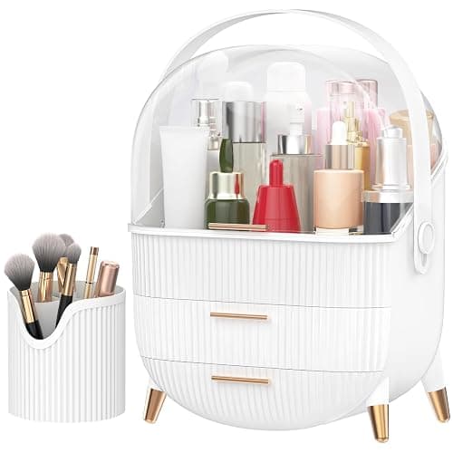 Forthee Makeup Organizer, Cosmetics Organizer Display Case with Two Drawers and Brush Storage Box, Skincare Organizer Box Suitable for Bathroom Countertop and Bedroom Vanity Dresser (White) - Image 1