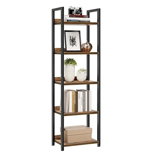 NUMENN Narrow Bookshelf, 5 Tier Freestanding Shelving Unit, Vintage | Metal Frame & Wood Shelves, Falling Prevention Baffle, Open Storage Bookcase for Bedroom, Living Room & Home Office - Image 1