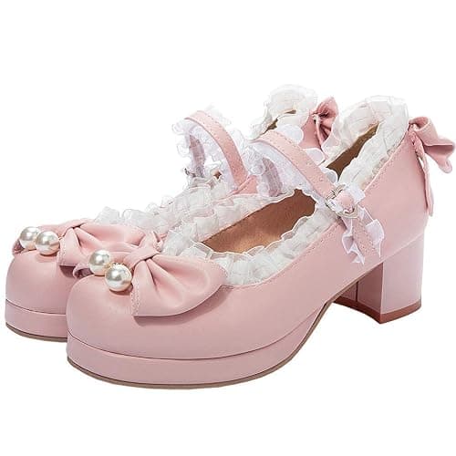 LUXMAX Women Kawaii Mid Block Heel Mary Jane Rockabilly Pumps with Bow Platform Chunky Heel Cute Sweet Shoes - 5 - Pink1 - Image 1